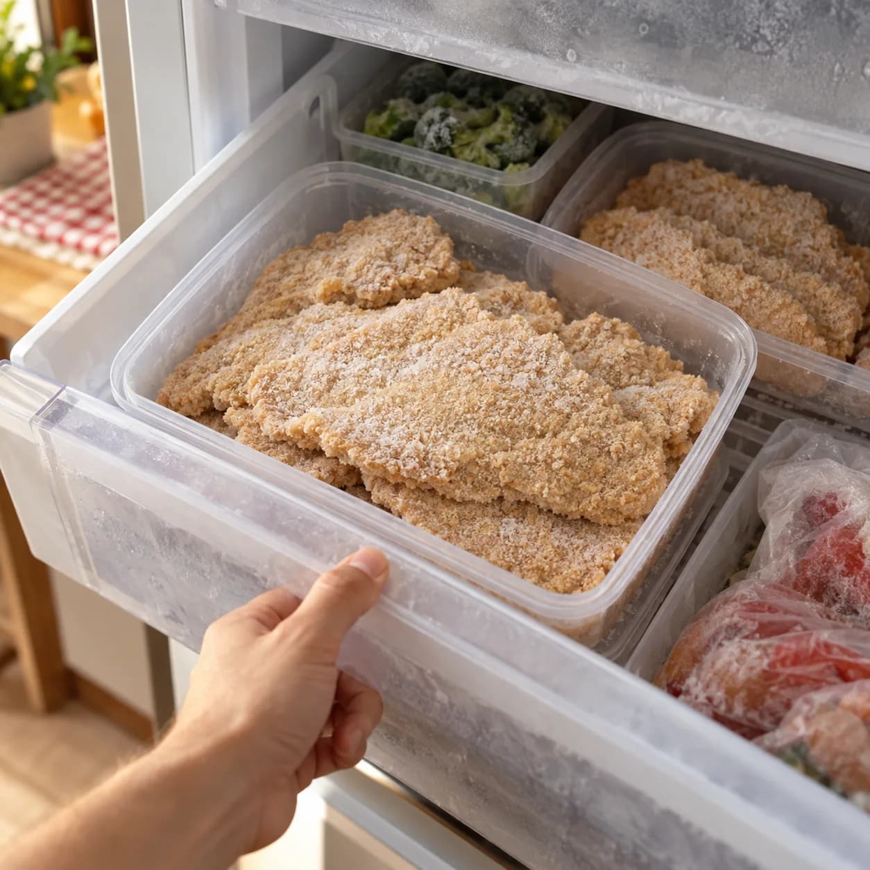Milanesas separadas en un recipiente de un freezer doméstico.